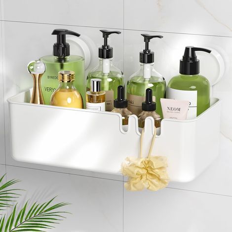 Panier de douche à ventouses puissantes, sans perçage, amovible et résistant à la rouille et à l'eau, pour shampoing, rasoirs et savon. Idéal pour ranger les parois de salle de bain. (1/5)