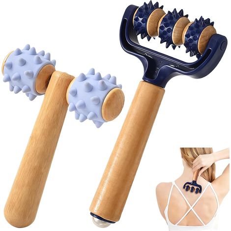 Lot de 2 rouleaux massage bois, balle hérisson, avec poignée, jambes, bras, dos, épaules (1/5)