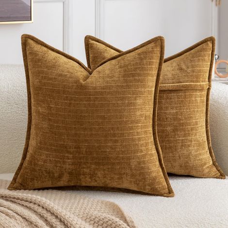 Lot de 2 Housses de Coussin décoratives rayées Style Vintage bohème en Chenille Douce Taies d’Oreiller pour canapé Sofa Chambre ou Salon Or foncé 50x50 cm (1/5)