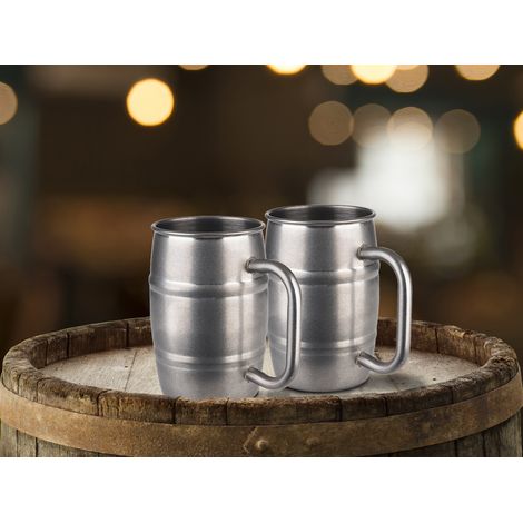 Ausgefallenes Bierkrug Set, 2x Humpen 0,5 Liter aus Edelstahl in Antikoptik (1/4)