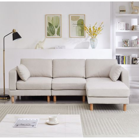 Nordisches 3-Sitzer Ecksofa mit Hocker 235×152×78 CM – L-förmiges Sofa in Beige aus Polyester & Massivholzbeinen fürs moderne Wohnzimmer