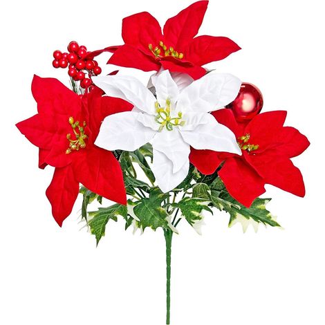 Buisson De Poinsettia Artificiel - 35 X 25 X 5 Cm - 7 Têtes En Tissu - Pour Décoration Intérieure Et Extérieure De Noël - 1 Pièce (1/5)