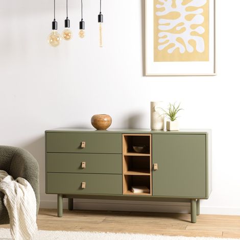 ETHAN - Buffet vert 1 porte 3 tiroirs 3 niches bois naturel (1/5)