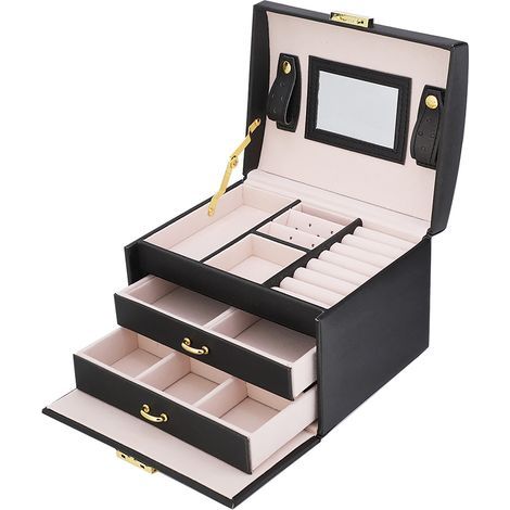 3-Tier PU Leather Jewelry Storage Box with Mirror (Black) (1/5)