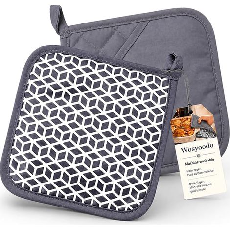 Pot Holders 20 x 20 cm with Hand Mat Pattern Silicone Non-Slip Trivet Washable Cotton for Cooking and Baking Kitchen Accessory Grey (1/5)