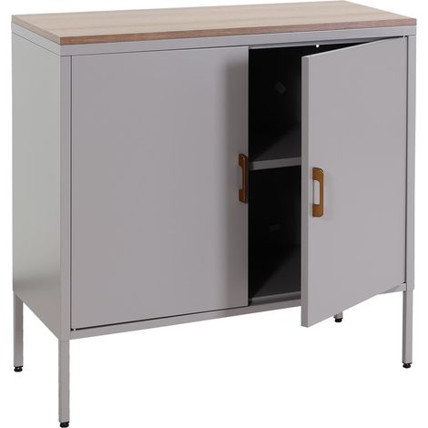 Commode meuble de rangement bureau buffet 2 portes métal 90x90x40cm mélaminé gris plateau MDF 2 compartiments avec portes MED04082