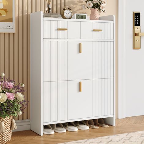 Scarpiere salvaspazio slim - 75 x 24 x 108.5 cm - mobile scarpiera per ingresso con 2 ante a ribalta e cassetto - stile moderno in legno - bianco (1/5)