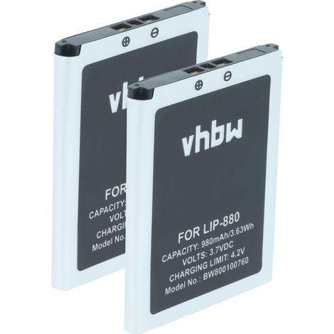 vhbw 2x Batterie remplacement pour Sony LIP-880PD, LIP-880PD-B, LIP-880 pour lecteur de musique MP3 (980mAh, 3,7V, Li-ion)