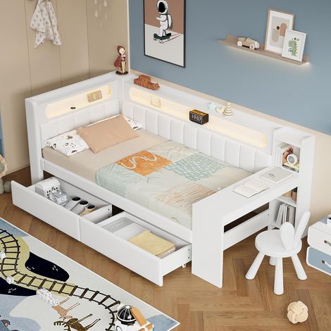 Canapé-lit capitonné, 90x200cm, avec 2 tiroirs en Bas, Port USB et Bande Lumineuse LED, canapé-lit 90×200cm, avec Bureau, Blanc (Matelas Non Inclus) (1/5)