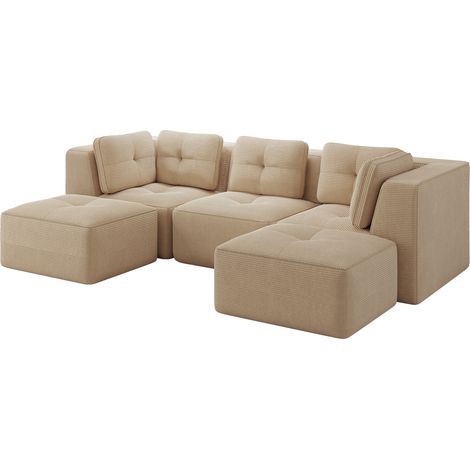 Sofá esquinero modular en U de pana beige, 297 x 177 x 69 cm, sin montaje, con otomana (1/5)