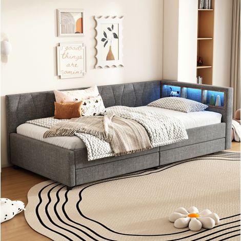 Lit chambre adulte rangement 90x200 LED USB MDF gris OKMYHOME (1/5)