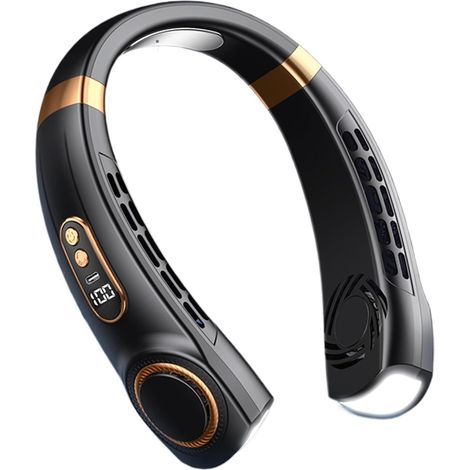 Ventilateur de cou portable, rechargeable, sans pales et silencieux - Interface USB rotative à 360° - 5 vitesses de vent avec lumières LED 7 couleurs et affichage, mains libres, parfait pour les voyag (1/5)