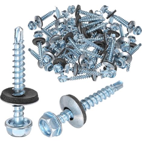 50-Pack Vis Autoforeuses Avec Joint En Caoutchouc ST4.8 x 38mm En Acier Carbone Zingué À Tête Hexagonale Pour Toiture Métallique/Panneaux De Bardage/Structures En Acier (1/5)