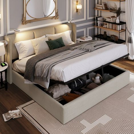 Letto contenitore 160x200 cm con LED, lampade da lettura e USB, letto matrimoniale, tessuto lino, grigio (1/5)