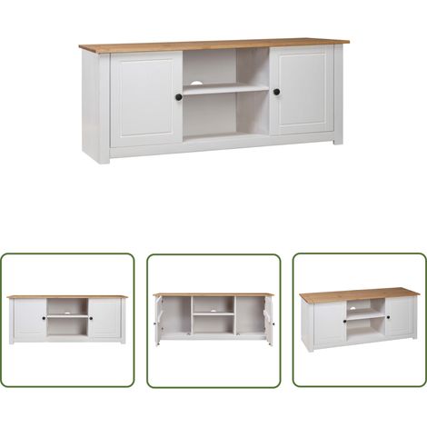 The Living Store Meuble TV Blanc 120x40x50 cm Bois de pin massif Gamme Panama - Meuble Tv - Meuble Televison - Meuble Rangement - Meuble Salon - Design Rustique (1/5)