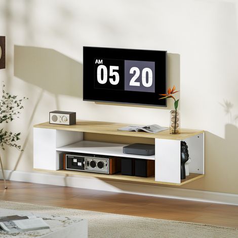 Mobile porta TV sospeso con ruote e 2 ripiani per televisori fino a 55 pollici, 120x40x38,5 cm, bianco
