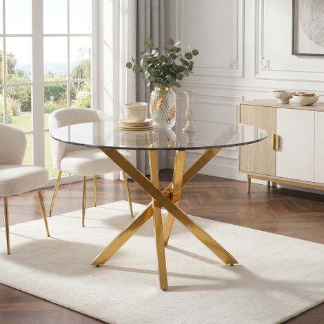 Tavolo da pranzo rotondo, 80 x 80 x 75 cm, piano in vetro, stile moderno, gambe placcate oro, utilizzabile anche come tavolino da caffè/tavolino laterale, stile moderno minimalista, oro + vetro (1/5)