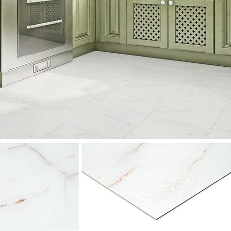 Modern Marble Effect PVC Tile Adhesive Floor 30 x 30 cm Lino Floor Adhesive for Kitchen Washable Tiles Adhesive Floors Bathroom White PVC Adhesive Floors Marble Light Corridor, 4 Tiles (1/5)
