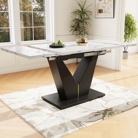 Mesa de comedor extensible 99-159 x 75 x 75 cm, tablero efecto mármol blanco DESVIAE (1/5)