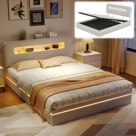 Gepolstertes Bett 160x200 cm aus Samt, 2 Plätze, Doppelbett mit LED-Beleuchtung und Stauraum, Lattenrost aus Holz, Stauraumbett – Beige