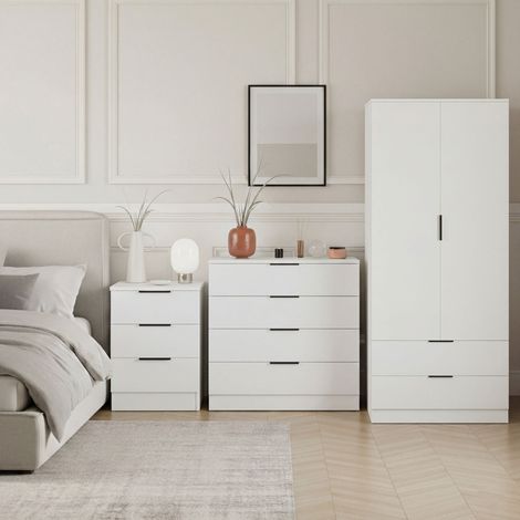 Trega 3pc Bedroom Furniture Set – 3 Drawer Bedside, 4 Drawer Chest & 2 Door Wardrobe, White