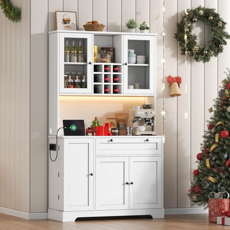 Buffet de cuisine MDF blanc 180 x 105 x 40 cm, 5 portes, 1 tiroir, LED multicolore, prise intégrée, rangements réglables (1/5)