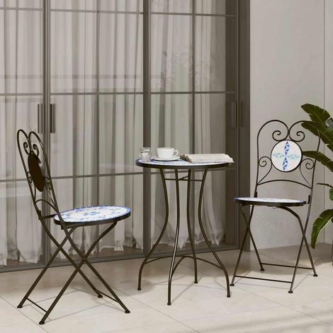 Ensemble de bistro mosaïque bleu et blanc fer et céramique