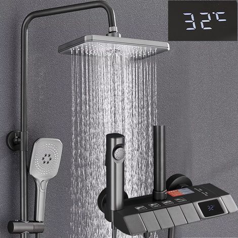 Zamery – Colonne de douche thermostatique avec affichage LCD – 6 fonctions – Douche de pluie et à main – Tuyau flexible 59 pouces – Buses en caoutchouc souple