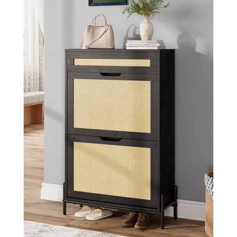 Meuble à Chaussures Fine en Bois, 2 Tiroirs à Bascule, Panneaux en Rotin Ou en Lin, Étagères réglables, Armoire De Rangement , Pour Le Hall d'Entrée, Le Vestibule, Le Couloir Noir (1/5)