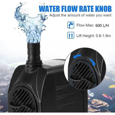 Pompe à Eau Submersible 600 L/H Pompe d'Aquarium Silencieuse avec Bouton de Réglage du Débit pour Fontaine Bassin Hydroponie et Abreuvoir pour Chat