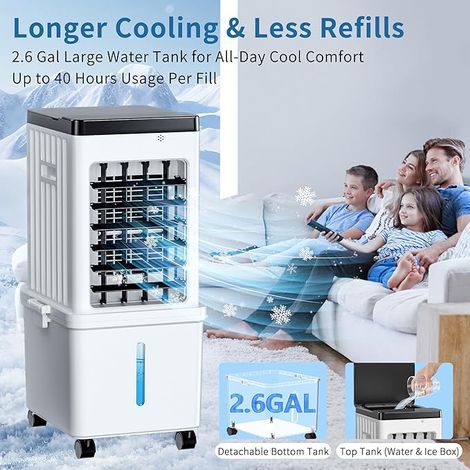 Ventilateur climatiseur évaporatif 3 en 1 65W, réservoir 12L pliable, oscillation 60°, 3 vitesses, minuterie 1-7h, télécommande, roulettes, sans installation, pour intérieur (1/5)