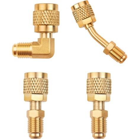 Lot de 4 Adaptateurs SAE, Laiton, Filetage 1/4 et 5/16, Angles 45 et 90 degrés, Pour Climatiseurs Split et Réfrigération (1/5)