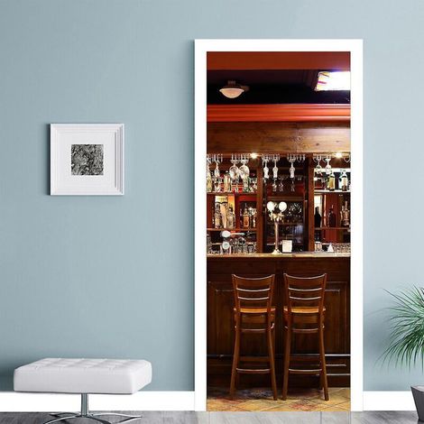 Sticker mural 3D représentant une porte de cave à vin, idéal pour la décoration de la chambre, de la salle de bain et de la cuisine (95 x 215 cm), parfait pour un comptoir de bar. (1/5)