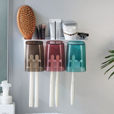 Porte Brosse à Dents Mural avec 3 Tasses, Porte-Brosse à Dents Auto-Adhésif, Support de Brosse à Dent Electrique, Multifonction Support de Rangement pour Salle de Bain, sans Perçage (1/4)