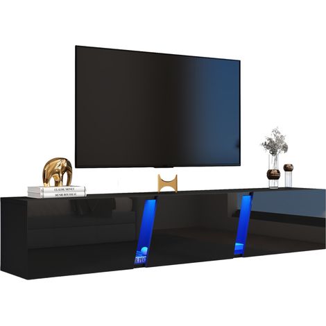 CHICFURN Mueble TV flotante para pared 180 x 35 x 30 cm, negro alto brillo, 3 puertas abatibles, LED con control APP, para televisores de 75 pulgadas (1/5)