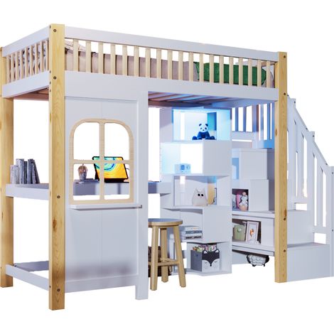 Letto a soppalco 90x200 cm con LED, scrivania, scala contenitore e finestra ad arco, bianco e naturale, per camera bambini - CHICFURN (1/5)