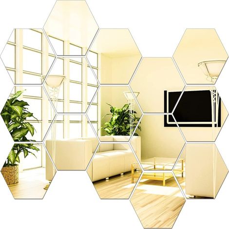 Sticker mural miroir hexagonal en acrylique grand format amovible, carreaux auto-adhésifs, hexagonaux 3D, sans verre, pour la décoration de la chambre à coucher et du salon (doré, 15 pièces) (1/5)