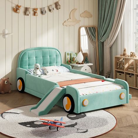 Letto per bambini a forma di auto con scivolo e scala 90 x 200 cm blu verdastro (1/5)