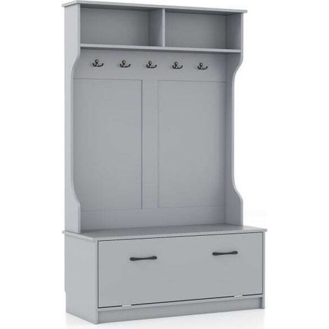 Meuble d'entrée gris 160 cm avec 5 patères doubles, banc, 2 étagères et armoire de rangement pour couloir, entrée et chambre (1/5)