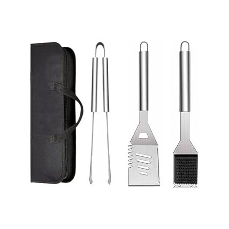 Set di 3 Utensili da Barbecue in Acciaio Inossidabile con Borsa, Spatola, Pinza e Forchetta per Cucina e Campeggio (1/4)