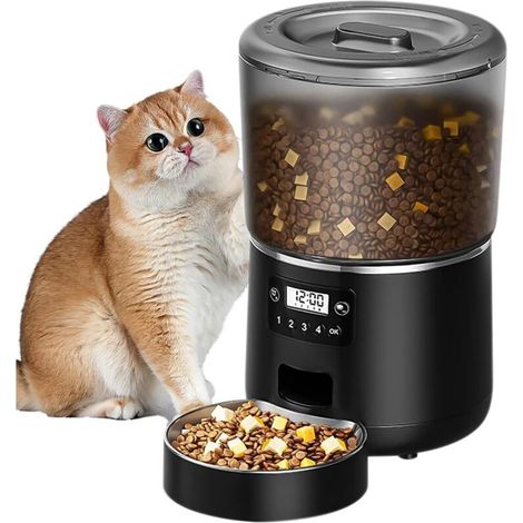Distributeur automatique de croquettes pour animaux de compagnie de grande capacité (4 litres), tailles de repas et de portions réglables (noir) (1/5)