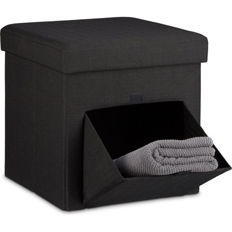 Relaxdays Folding Ottoman Size: 38 x 38 x 38 cm Sturdy Seat and Practical Footstool, Fabric, Removable Lid, Black