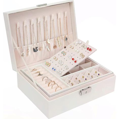 Jewelery Box for Women Girls, 2 Layers Jewelery Box, Lockable Jewelery Storage with Key, Waterproof Leather Jewelery Box, Jewelery Box for Storing Rings/Necklaces/Watches (1/5)