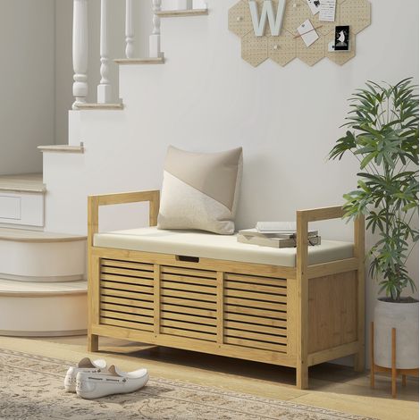 Panca portascarpe 100x40x60 cm in bambù naturale con vano contenitore - MEUBLIV (1/5)