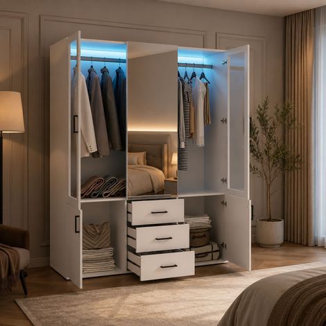 Plcnn - Armoire L130 x P51,8 x H181,5 cm - armoire chambre avec miroir - éclairage LED - 4 portes + 3 tiroirs + penderie - style moderne - blanc (1/5)