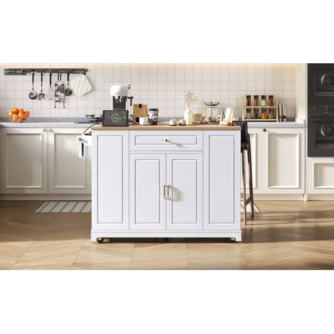 Îlot de cuisine avec des roulettes, espace de repas détachable. Îlot de cuisine doté de tiroirs multifonctionnels et d’espaces pour les ordures. Îlot de cuisine portable (1/5)