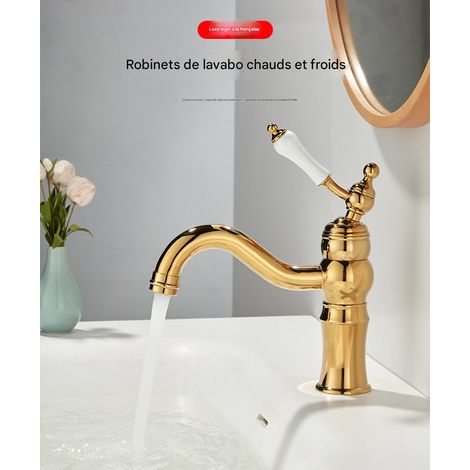 Robinet de Lavabo en Cuivre Doré, Style Français Luxueux, Mitigeur Eau Froide et Chaude, Salle de Bain (1/4)