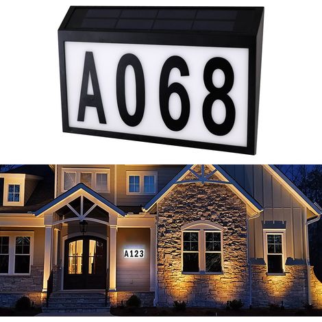 Plaque numéro de maison solaire à LED Lampe, perles de lumière blanche 6000K, Avec interrupteur crépusculaire et étanche IP44, Convient pour porte extérieure, jardin, garage (Noir) (1/5)