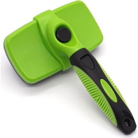 Brosse autonettoyante pour chiens et chats, outil doux pour retirer les poils morts des animaux à poils longs et courts, facile à utiliser grâce à un bouton-poussoir, verte (1/5)