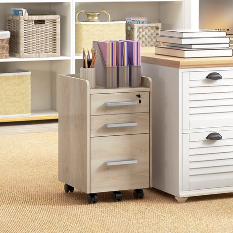 Caisson de bureau rangement bureau sur roulettes 3 tiroirs 1 verrouillable 1 trieur dossiers en bois beige (1/5)